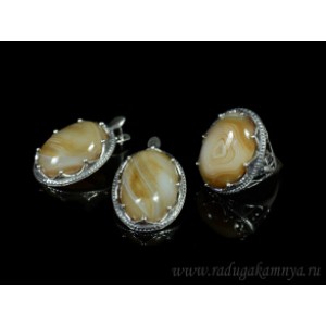 Кольцо и серьги с агатом тонированным, цвет кофе Кольцо и серьги с агатом тонированным, цвет кофе