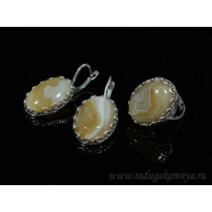 Кольцо и серьги с агатом тонированным, цвет  кофе