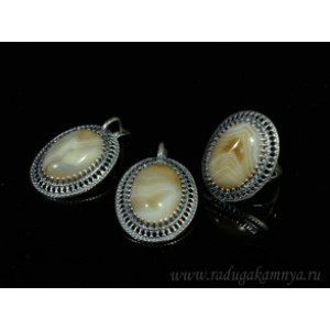 Кольцо и серьги с агатом тонированным, цвет кофе Кольцо и серьги с агатом тонированным, цвет кофе