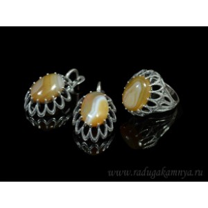 Кольцо и серьги с агатом тонированным, цвет  кофе