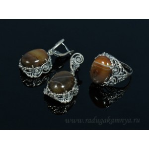 Кольцо и серьги с агатом тонированным, цвет кофе Кольцо и серьги с агатом тонированным, цвет кофе