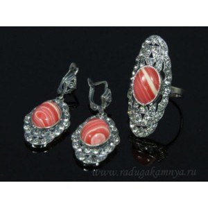 Кольцо и серьги с агатом тонированным, цвет  красный