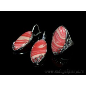 Кольцо и серьги с агатом тонированным, цвет  красный