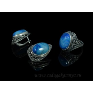 Кольцо и серьги с агатом тонированным, цвет  синий