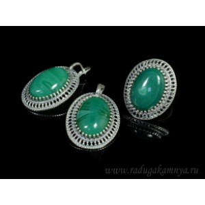 Кольцо и серьги с агатом тонированным, цвет  тем.зеленый