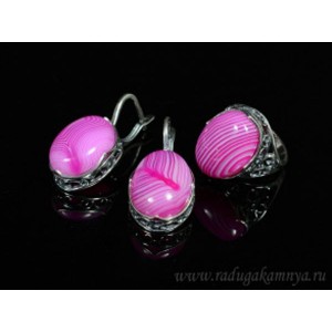 Кольцо и серьги с агатом тонированным, цвет  фуксия