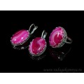 Кольцо и серьги с агатом тонированным, цвет  фуксия