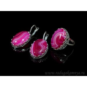 Кольцо и серьги с агатом тонированным, цвет  фуксия