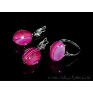 Кольцо и серьги с агатом тонированным, цвет  фуксия