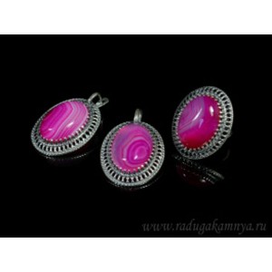 Кольцо и серьги с агатом тонированным, цвет  фуксия