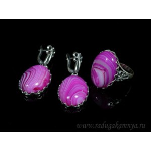 Кольцо и серьги с агатом тонированным, цвет  фуксия