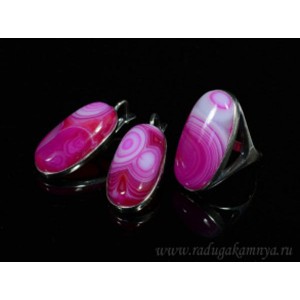 Кольцо и серьги с агатом тонированным, цвет  фуксия