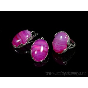 Кольцо и серьги с агатом тонированным, цвет  фуксия
