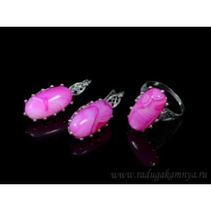 Кольцо и серьги с агатом тонированным, цвет  фуксия