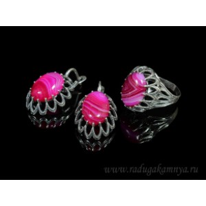 Кольцо и серьги с агатом тонированным, цвет  фуксия