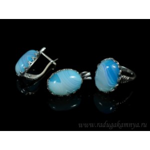 Кольцо и серьги с агатом тонированным, цвет голубой Кольцо и серьги с агатом тонированным, цвет голубой