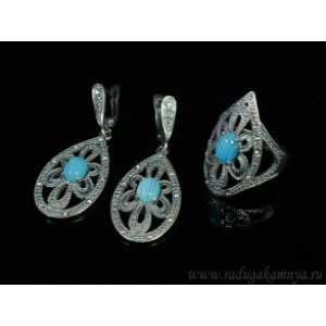 Кольцо и серьги с агатом тонированным, цвет голубой Кольцо и серьги с агатом тонированным, цвет голубой