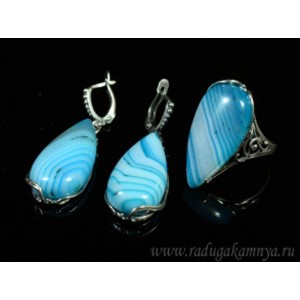 Кольцо и серьги с агатом тонированным, цвет голубой