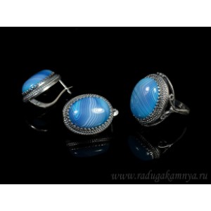 Кольцо и серьги с агатом тонированным, цвет голубой Кольцо и серьги с агатом тонированным, цвет голубой