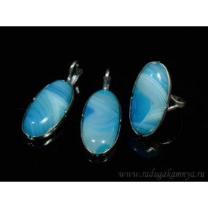 Кольцо и серьги с агатом тонированным, цвет голубой Кольцо и серьги с агатом тонированным, цвет голубой