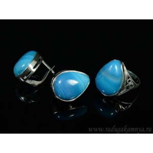 Кольцо и серьги с агатом тонированным, цвет голубой