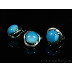 Кольцо и серьги с агатом тонированным, цвет голубой Кольцо и серьги с агатом тонированным, цвет голубой