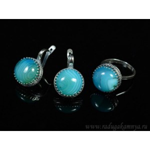 Кольцо и серьги с агатом тонированным, цвет голубой Кольцо и серьги с агатом тонированным, цвет голубой