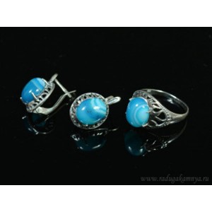 Кольцо и серьги с агатом тонированным, цвет голубой Кольцо и серьги с агатом тонированным, цвет голубой