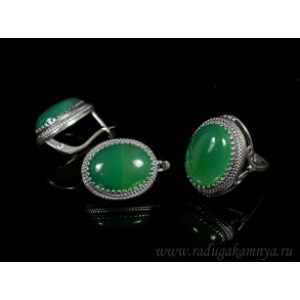 Кольцо и серьги с агатом тонированным, цвет зеленый