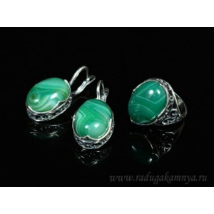 Кольцо и серьги с агатом тонированным, цвет зеленый