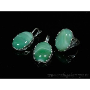 Кольцо и серьги с агатом тонированным, цвет зеленый Кольцо и серьги с агатом тонированным, цвет зеленый