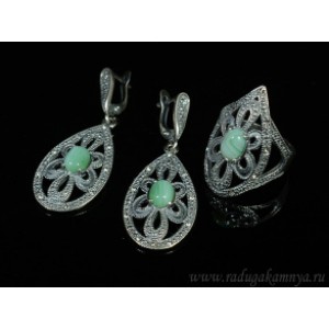 Кольцо и серьги с агатом тонированным, цвет зеленый