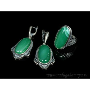 Кольцо и серьги с агатом тонированным, цвет зеленый