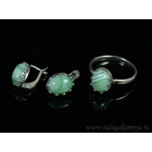 Кольцо и серьги с агатом тонированным, цвет зеленый