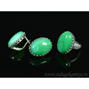 Кольцо и серьги с агатом тонированным, цвет зеленый
