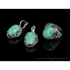 Кольцо и серьги с агатом тонированным, цвет зеленый