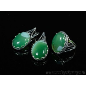Кольцо и серьги с агатом тонированным, цвет зеленый
