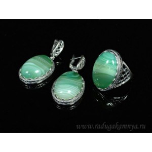 Кольцо и серьги с агатом тонированным, цвет зеленый