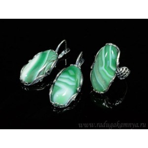 Кольцо и серьги с агатом тонированным, цвет зеленый