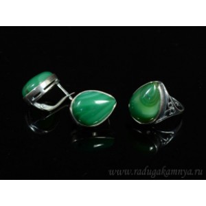 Кольцо и серьги с агатом тонированным, цвет зеленый