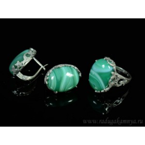 Кольцо и серьги с агатом тонированным, цвет зеленый