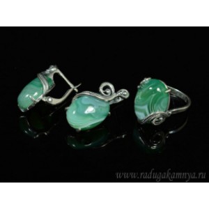 Кольцо и серьги с агатом тонированным, цвет зеленый