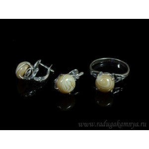 Кольцо и серьги с агатом тонированным, цвет кофе Кольцо и серьги с агатом тонированным, цвет кофе