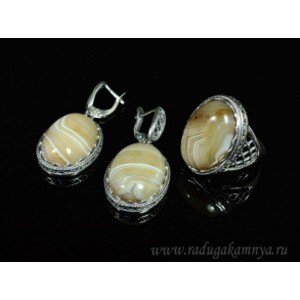 Кольцо и серьги с агатом тонированным, цвет кофе