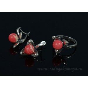 Кольцо и серьги с агатом тонированным, цвет  красный