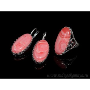 Кольцо и серьги с агатом тонированным, цвет красный