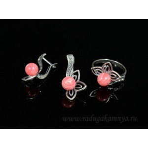 Кольцо и серьги с агатом тонированным, цвет  красный