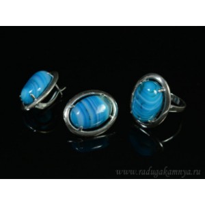 Кольцо и серьги с агатом тонированным, цвет синий