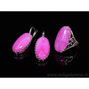 Кольцо и серьги с агатом тонированным, цвет фуксия