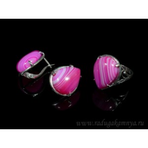 Кольцо и серьги с агатом тонированным, цвет фуксия Кольцо и серьги с агатом тонированным, цвет фуксия